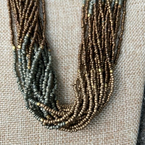 Green, Tan and Brown Glass Seed Beaded Necklace - Picture 3 of 7